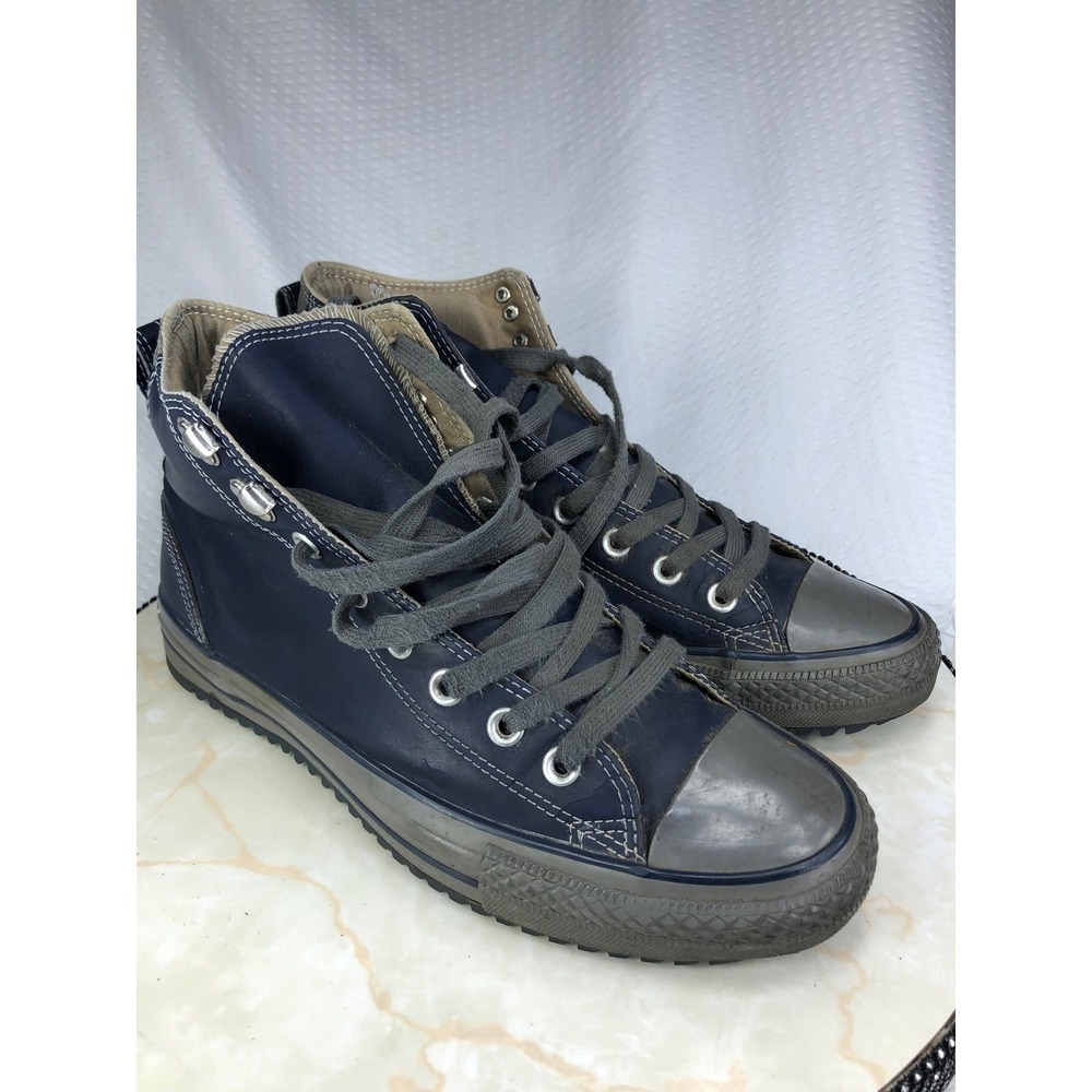 Converse Chuck Taylor Leather High Top Shoes Mens 9 Navy Blue Grey Moto Sneakers